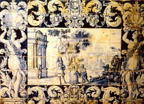 2001 - Palácio Belmonte, Lisboa. Painel de azulejos, figurativo, do início do Século XVIII, do pintor Manuel dos Santos (de um conjunto de 17 paineis idênticos aplicados em várias dependências). Peça única, danificado e parcialmente furtado durante a noite de 10 para 11 de Janeiro de 2001, do Palácio Belmonte, sito no Páteo do Fradique, junto ao Castelo de S. Jorge, em Lisboa.